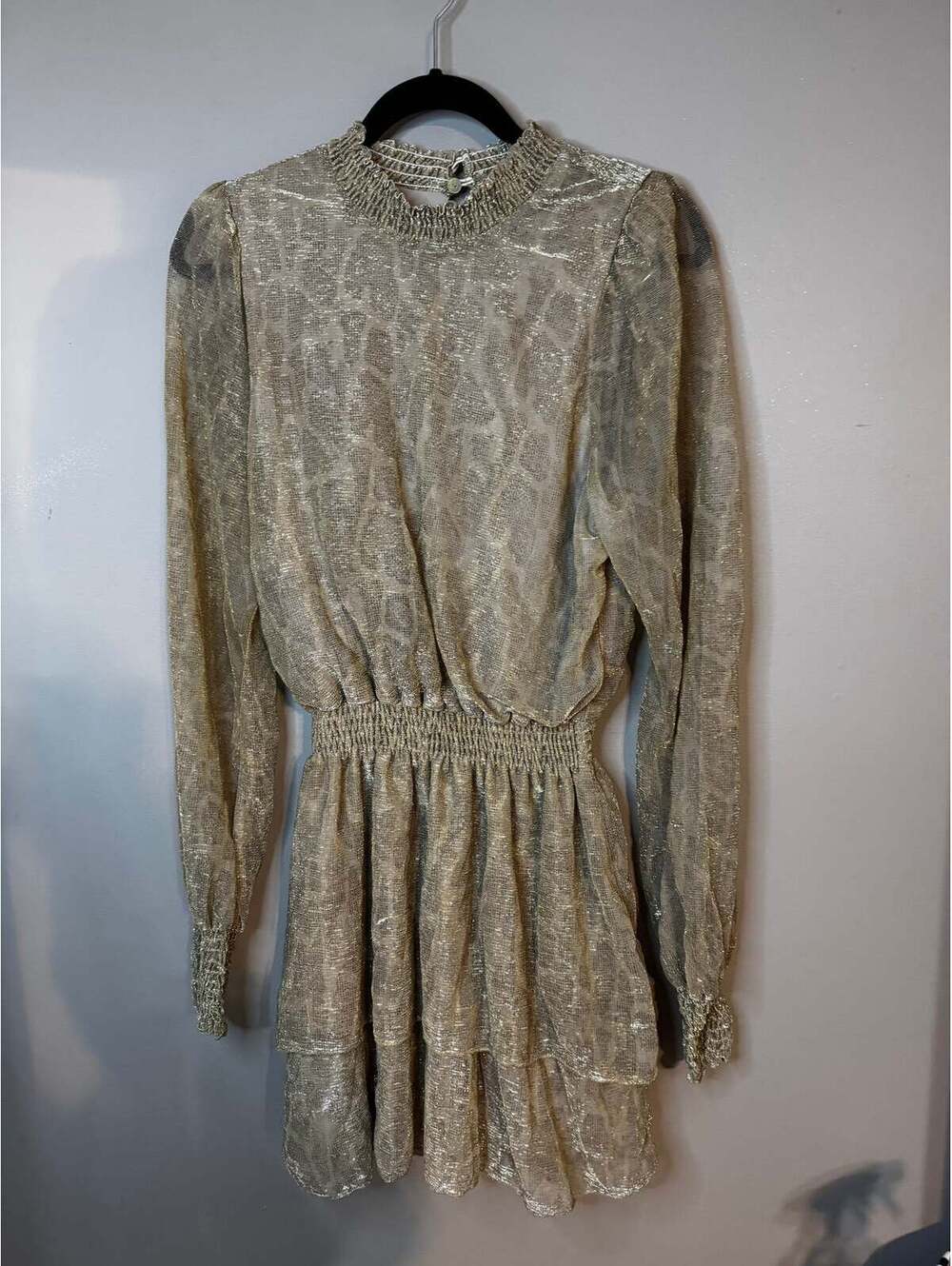Show Me Your Mumu Beige Long Sleeve Mini Dress with Smocked Waist and Cuffs